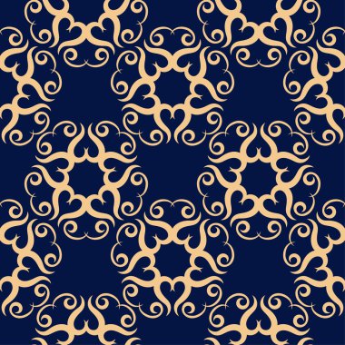 Koyu mavi zemin üzerine altın çiçek tasarım. Tekstil ve duvar kağıtları için seamless modeli