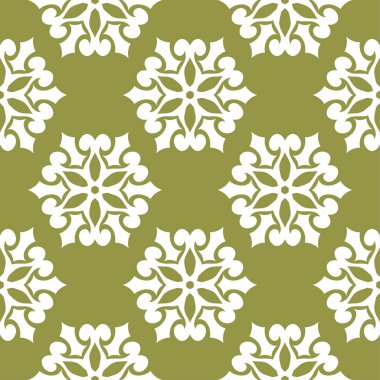 Zeytin yeşil zemin üzerine beyaz çiçek süsleme. Tekstil ve duvar kağıtları için seamless modeli