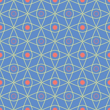 Geometrik seamless modeli. Mavi arka plan duvar kağıtları, Tekstil ve kumaş için kırmızı ve sarı tasarımı ile