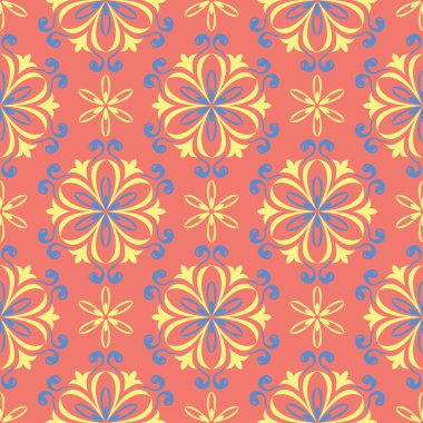 Çiçek kırmızı seamless modeli. Arka plan duvar kağıtları, Tekstil ve kumaş için sarı ve mavi çiçek öğeleri ile parlak renkli