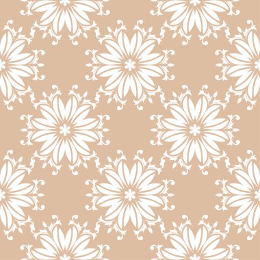 Bej sorunsuz arka plan üzerinde beyaz çiçek süsleme. Tekstil ve duvar kağıtları için seamless modeli
