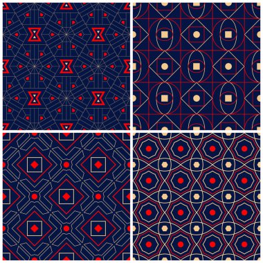 Sorunsuz arka planlar. Mavi klasik bej ve kırmızı duvar kağıtları, Tekstil ve kumaş için geometrik desenlerle ayarlar