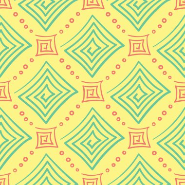 Geometrik şekilli elemanları ile sorunsuz arka plan. Parlak sarı arka plan duvar kağıtları, Tekstil ve kumaş için pembe ve yeşil tasarım ile