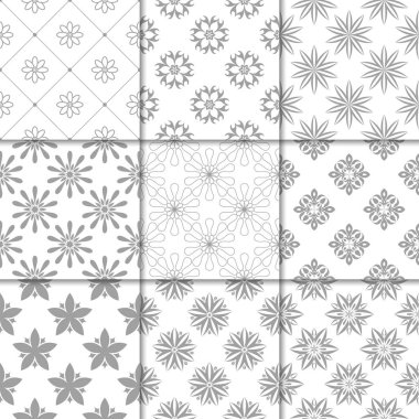 Gri ve beyaz çiçekli süsler. Kağıt için tarafsız Dikişsiz desen koleksiyonu Tekstil