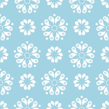 Mavi zemin üzerine beyaz çiçek süsleme. Tekstil ve duvar kağıtları için seamless modeli