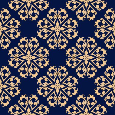 Koyu mavi zemin üzerine altın çiçek süsleme. Tekstil ve duvar kağıtları için seamless modeli