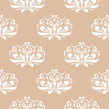 Bej renkli arka plan üzerinde beyaz çiçek süsleme. Tekstil ve duvar kağıtları için seamless modeli
