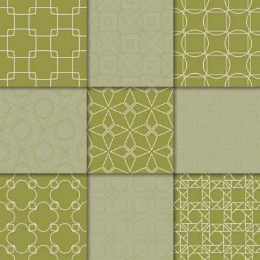 Zeytin yeşili geometrik süsler. Web, Tekstil ve duvar kağıtları için dikişsiz desen koleksiyonu