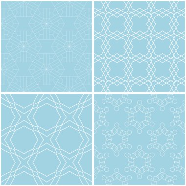 Geometrik desenler. Mavi ve beyaz sorunsuz arka planlar kümesi. Vektör çizim