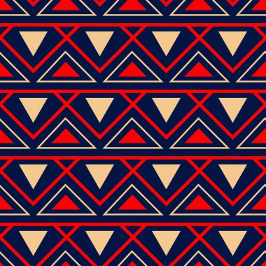 Geometrik mavi sorunsuz arka plan. Kırmızı ve bej renkli desen duvar kağıtları, Tekstil ve kumaş için