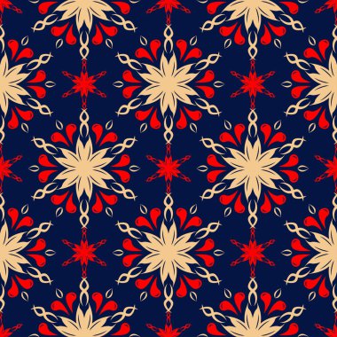 Kesintisiz mavi arka plan. Çiçek bej ve kırmızı desenli duvar kağıtları ve tekstil