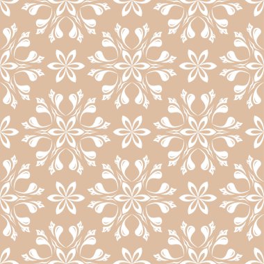 Bej sorunsuz arka plan üzerinde beyaz çiçek süsleme. Tekstil ve duvar kağıtları için seamless modeli