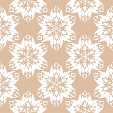 Bej renkli arka plan üzerinde beyaz çiçek tasarım. Tekstil ve duvar kağıtları için seamless modeli