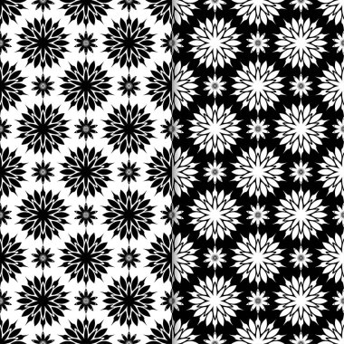 Siyah ve beyaz çiçekli süsler. Tekstil ve duvar kağıtları için sorunsuz arka planlar kümesi