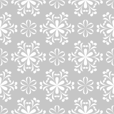 Gri arka plan üzerinde beyaz çiçek süsleme. Tekstil ve duvar kağıtları için seamless modeli