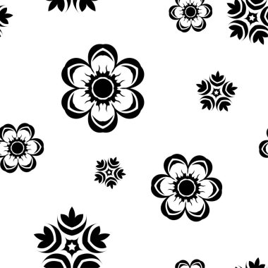 Beyaz arka planda siyah çiçek süsleme. Tekstil ve duvar kağıtları için seamless modeli