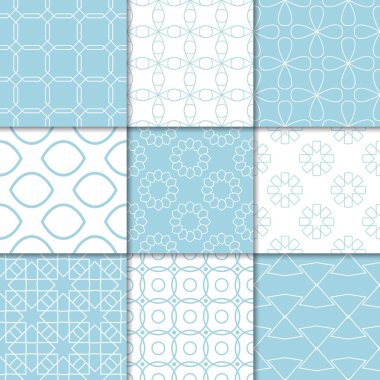 Mavi ve beyaz geometrik süsler. Web, Tekstil ve duvar kağıtları için dikişsiz desen koleksiyonu