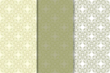 Zeytin yeşili ve beyaz çiçek arka planlar. Tekstil ve duvar kağıtları için dikişsiz desen seti