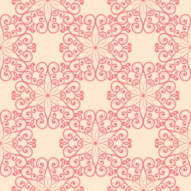 Bej renkli arka plan üzerinde kırmızı çiçekli süs. Tekstil ve duvar kağıtları için seamless modeli