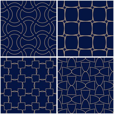 Geometrik desenler. Altın mavi sorunsuz arka planlar kümesi. Vektör çizim