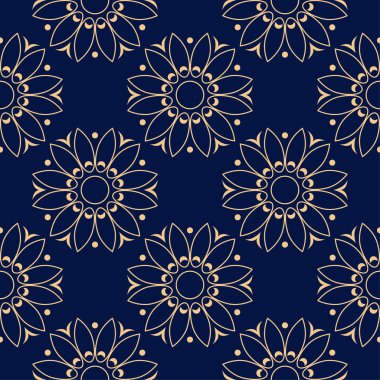 Koyu mavi zemin üzerine altın çiçek tasarım. Tekstil ve duvar kağıtları için seamless modeli
