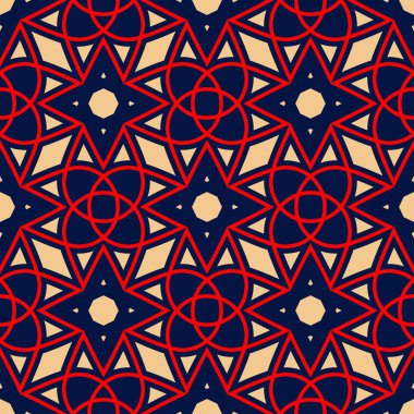 Geometrik mavi seamless modeli. Kırmızı ve bej duvar kağıtları, Tekstil ve kumaş için yazdırma