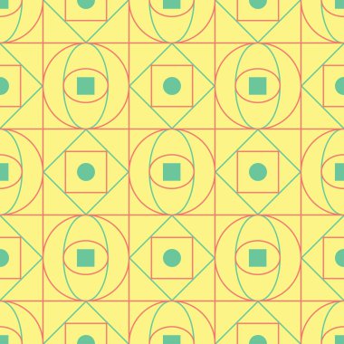 Geometrik seamless modeli. Sarı arka plan duvar kağıtları, Tekstil ve kumaş için pembe ve yeşil tasarım ile