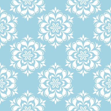 Mavi zemin üzerine beyaz çiçek süsleme. Tekstil ve duvar kağıtları için seamless modeli