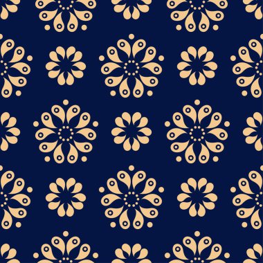 Koyu mavi zemin üzerine altın çiçek süsleme. Tekstil ve duvar kağıtları için seamless modeli