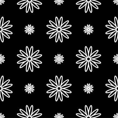 Siyah arka plan üzerine beyaz çiçek süsleme. Tekstil ve duvar kağıtları için seamless modeli