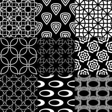 Siyah ve beyaz geometrik süsler. Web, Tekstil ve duvar kağıtları için klasik Dikişsiz desen koleksiyonu