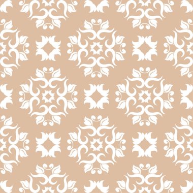 Bej renkli arka plan üzerinde beyaz çiçek süsleme. Tekstil ve duvar kağıtları için seamless modeli