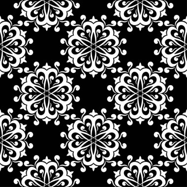 Siyah arka plan üzerine beyaz çiçek tasarım. Tekstil ve duvar kağıtları için seamless modeli