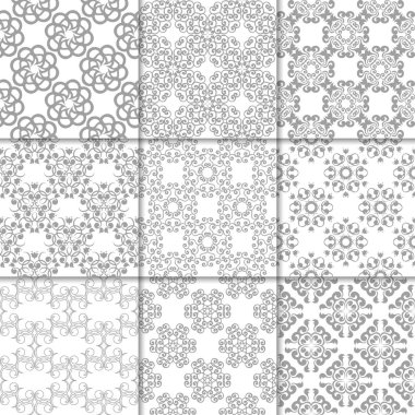 Gri ve beyaz çiçekli süsler. Kağıt için tarafsız Dikişsiz desen koleksiyonu Tekstil