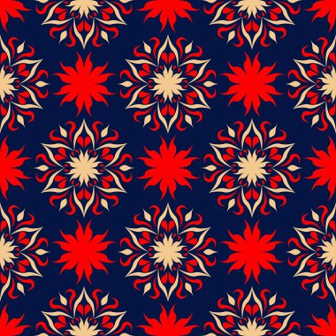 Çiçek sorunsuz ile mavi arka plan kırmızı ve bej desen. Arka plan duvar kağıtları, Tekstil ve kumaş için