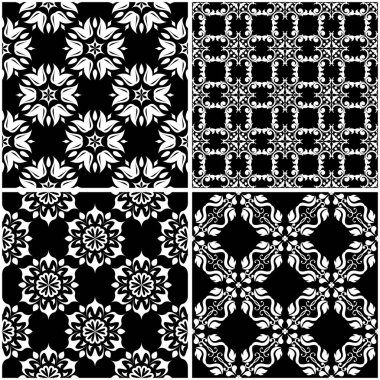 Çiçek desenleri. Siyah beyaz tek renkli kesintisiz arka planlar kümesi. Vektör çizim