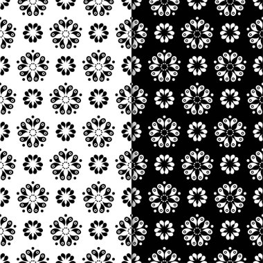 Siyah ve beyaz çiçek arka planlar. Tekstil ve duvar kağıtları için dikişsiz desen seti