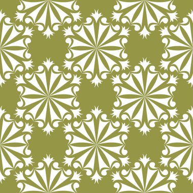 Zeytin yeşil zemin üzerine beyaz çiçek süsleme. Tekstil ve duvar kağıtları için seamless modeli