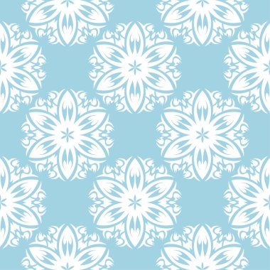 Mavi zemin üzerine beyaz çiçek süsleme. Tekstil ve duvar kağıtları için seamless modeli