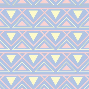 Geometrik desenli sorunsuz arka plan. Tekstil ve duvar kağıtları için mavi zemin üzerinde öğeleri pembe ve bej