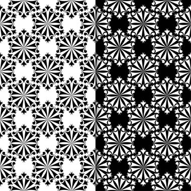 Siyah ve beyaz çiçek arka planlar. Tekstil ve duvar kağıtları için dikişsiz desen seti