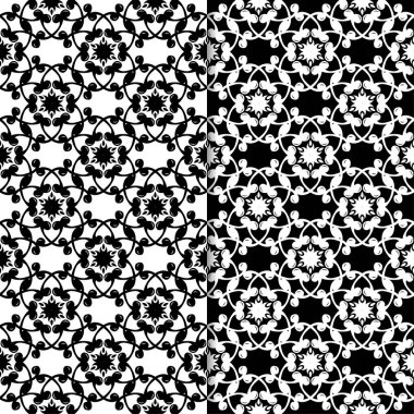 Siyah ve beyaz çiçek arka planlar. Tekstil ve duvar kağıtları için dikişsiz desen seti