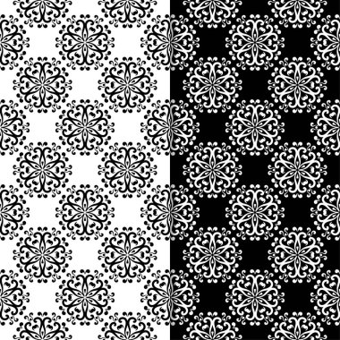 Siyah ve beyaz çiçek arka planlar. Tekstil ve duvar kağıtları için dikişsiz desen seti