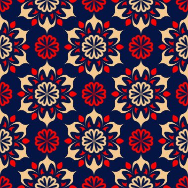 Çiçek sorunsuz ile mavi arka plan kırmızı ve bej desen. Arka plan duvar kağıtları, Tekstil ve kumaş için