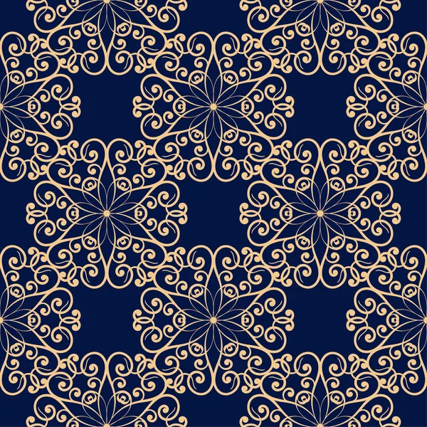 Koyu mavi zemin üzerine altın çiçek süsleme. Tekstil ve duvar kağıtları için seamless modeli