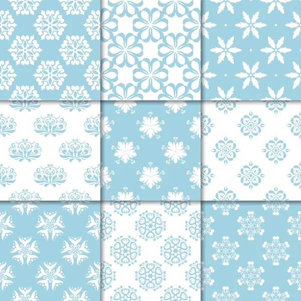 Mavi ve beyaz çiçekli süsler. Kağıt için dikişsiz desen koleksiyonu Tekstil