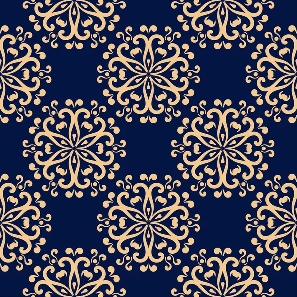 Koyu mavi zemin üzerine altın çiçek süsleme. Tekstil ve duvar kağıtları için seamless modeli