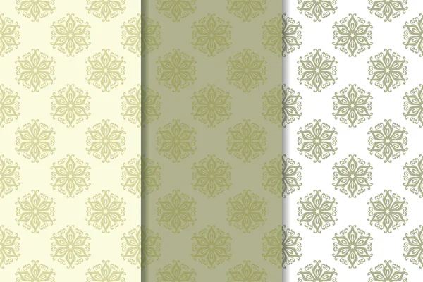 Zeytin yeşili ve beyaz çiçek arka planlar. Tekstil ve duvar kağıtları için dikişsiz desen seti