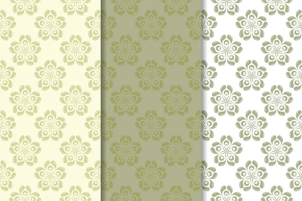 Zeytin yeşili ve beyaz çiçek arka planlar. Tekstil ve duvar kağıtları için dikişsiz desen seti