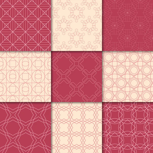 Kiraz kırmızı ve bej geometrik süsler. Web, Tekstil ve duvar kağıtları için dikişsiz desen koleksiyonu